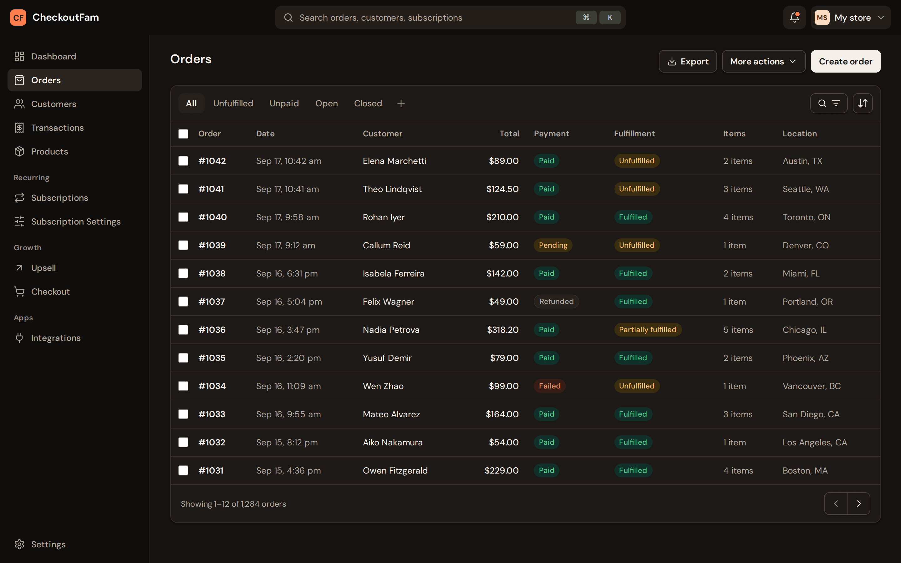 PayFam orders list with payment, fulfilment and processor per order